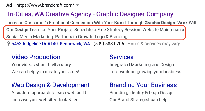 example of a structured snippet extension on Google Ads
